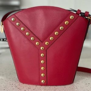 Vintage Yves Saint Laurent Red Leather “Y” Stud Crossbody Bucket Bag